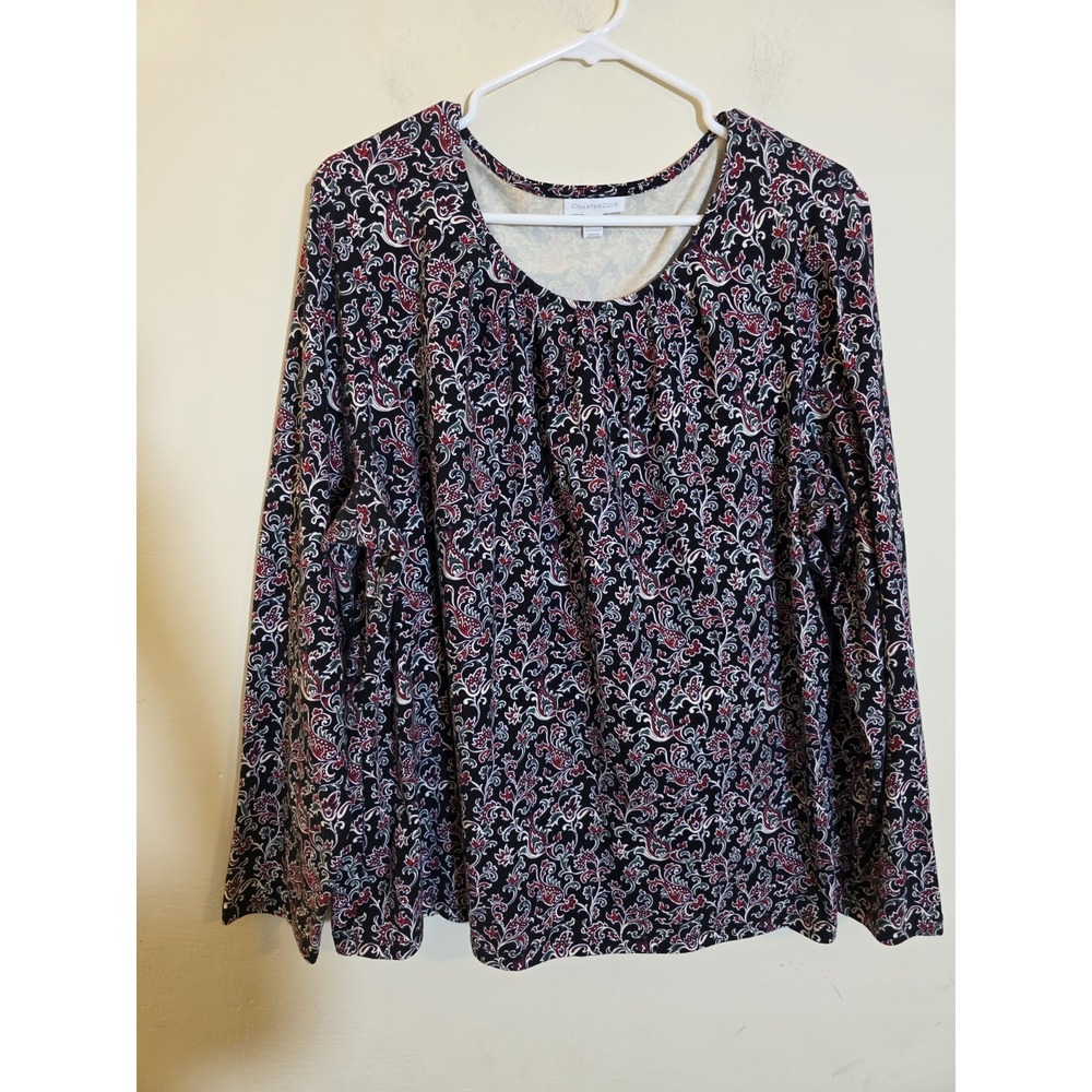 Charter Club Size 1X Black Floral Cotton Stretch long-sleeve Scoop Neck Knit Top